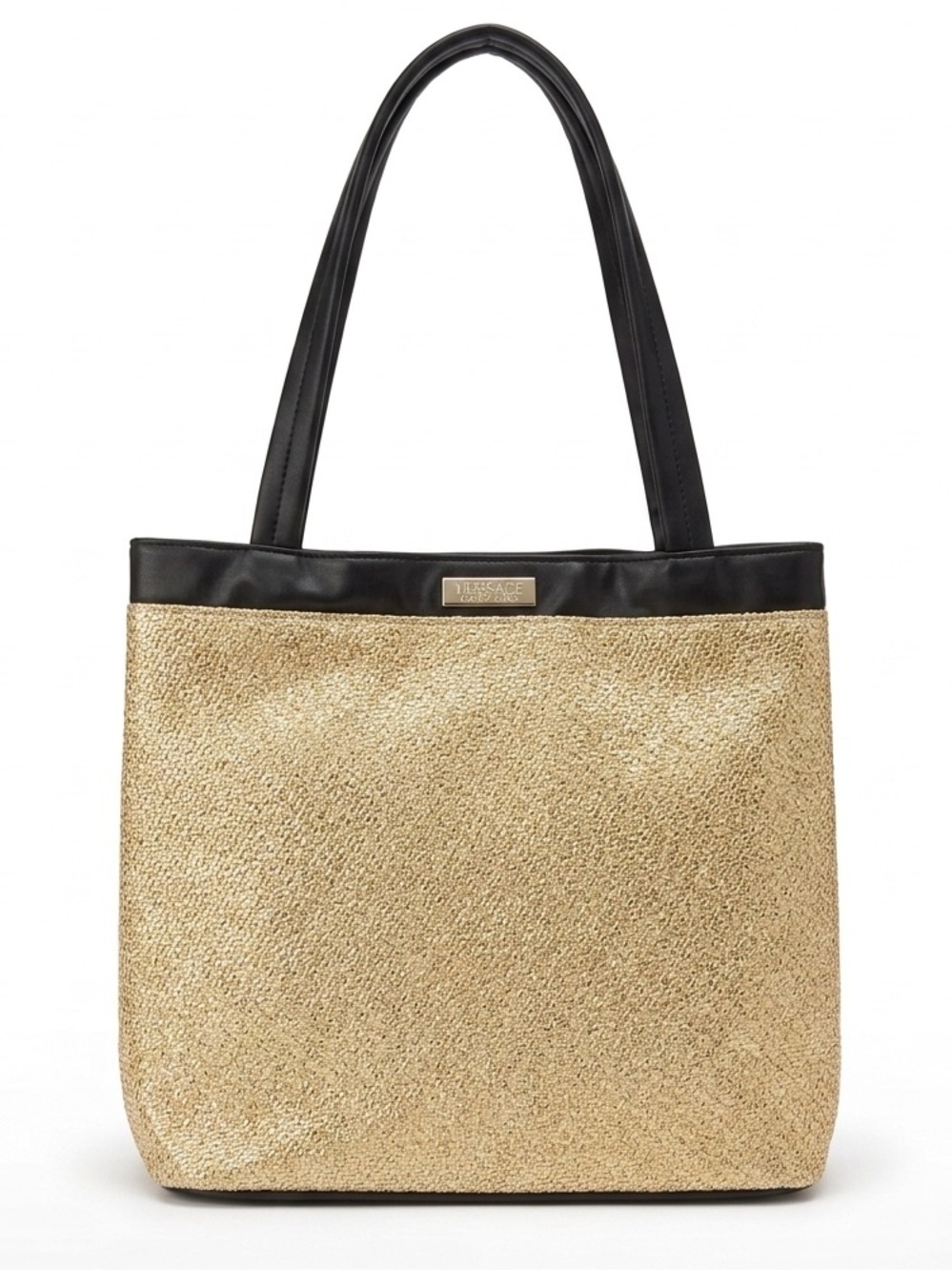 Versace Gold and Black Shimmer Summer  Beach Sand Day Straw Tote Bag